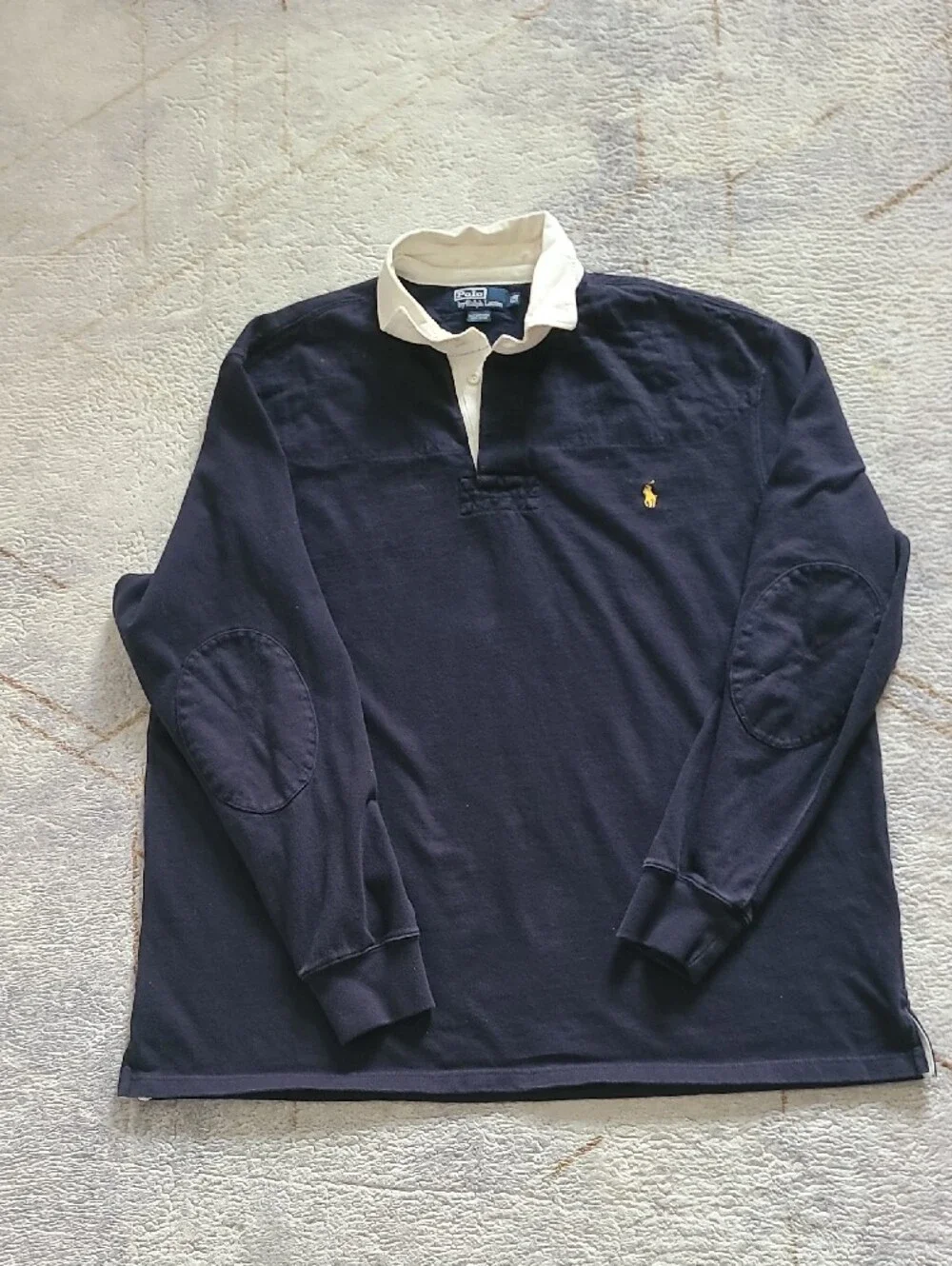 Vtg Polo Ralph Lauren Rugby Shirt 2LT Tall Navy Cream Elbow Patch Big & Tall